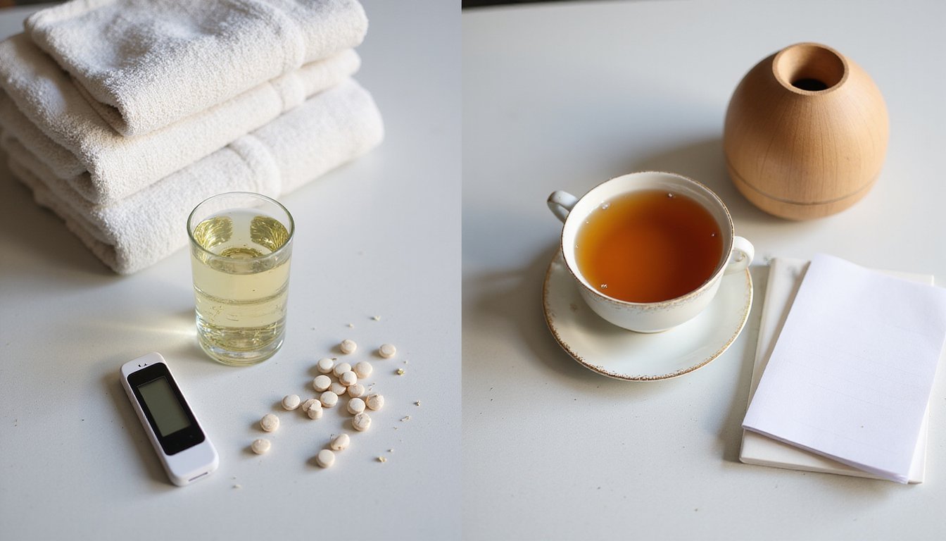 side-by-side scene showing residential detox table with medication cup, IV equipment, and glass of water on left, and serene wellness table with herbal tea, towel, and small plant on right, soft neutral lighting, realistic reflections and textures, high-resolution photoreal realism, clean minimalist composition, warm natural tones, no visible text or labels