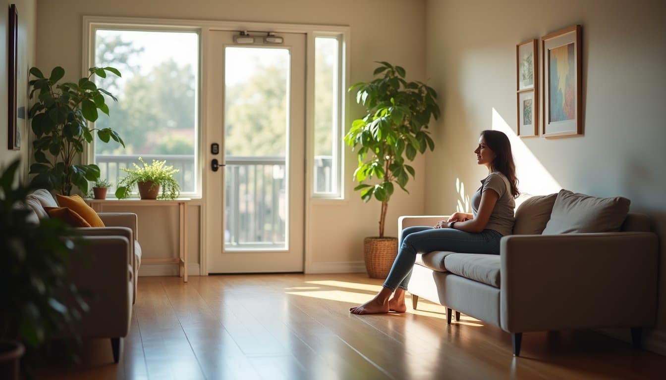 A woman sitting peacefully in an inpatient room