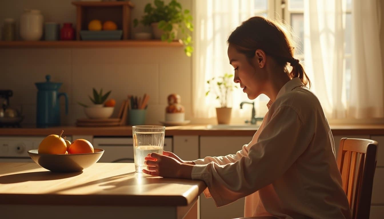 Cozy home kitchen in detox recovery with a person seated near a bowl of fruit