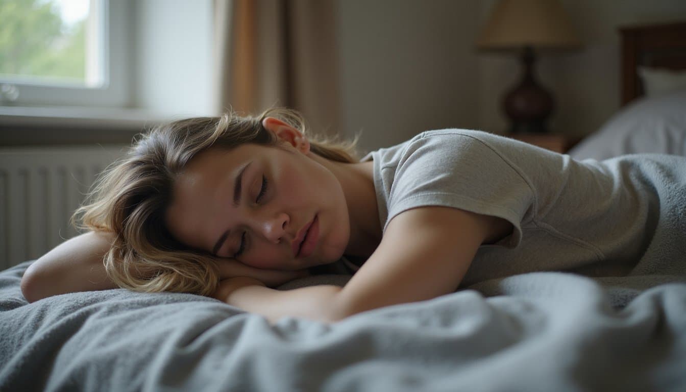 Tired adult relaxing in a calm detox recovery bedroom with soft neutral bedding