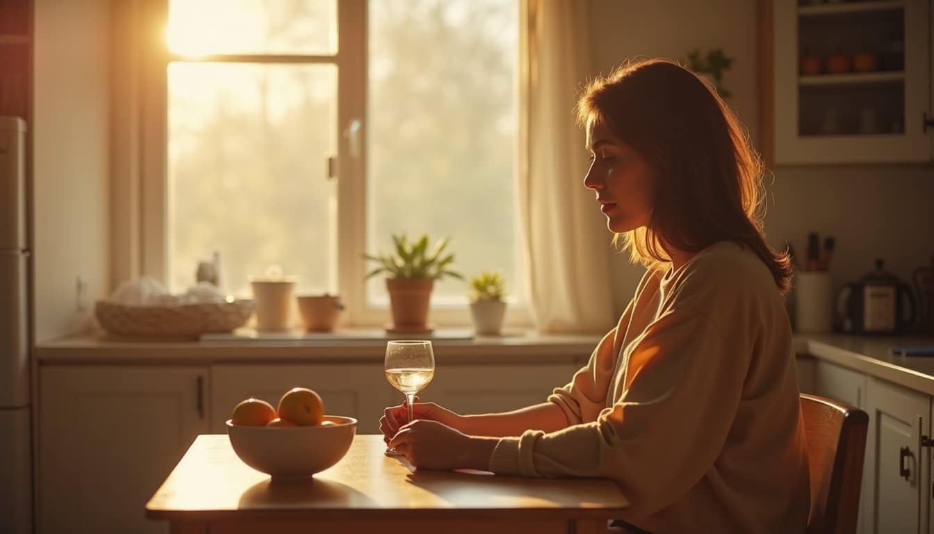 Person sitting in a bright, calm kitchen environment with a glass of water and fruit bowl