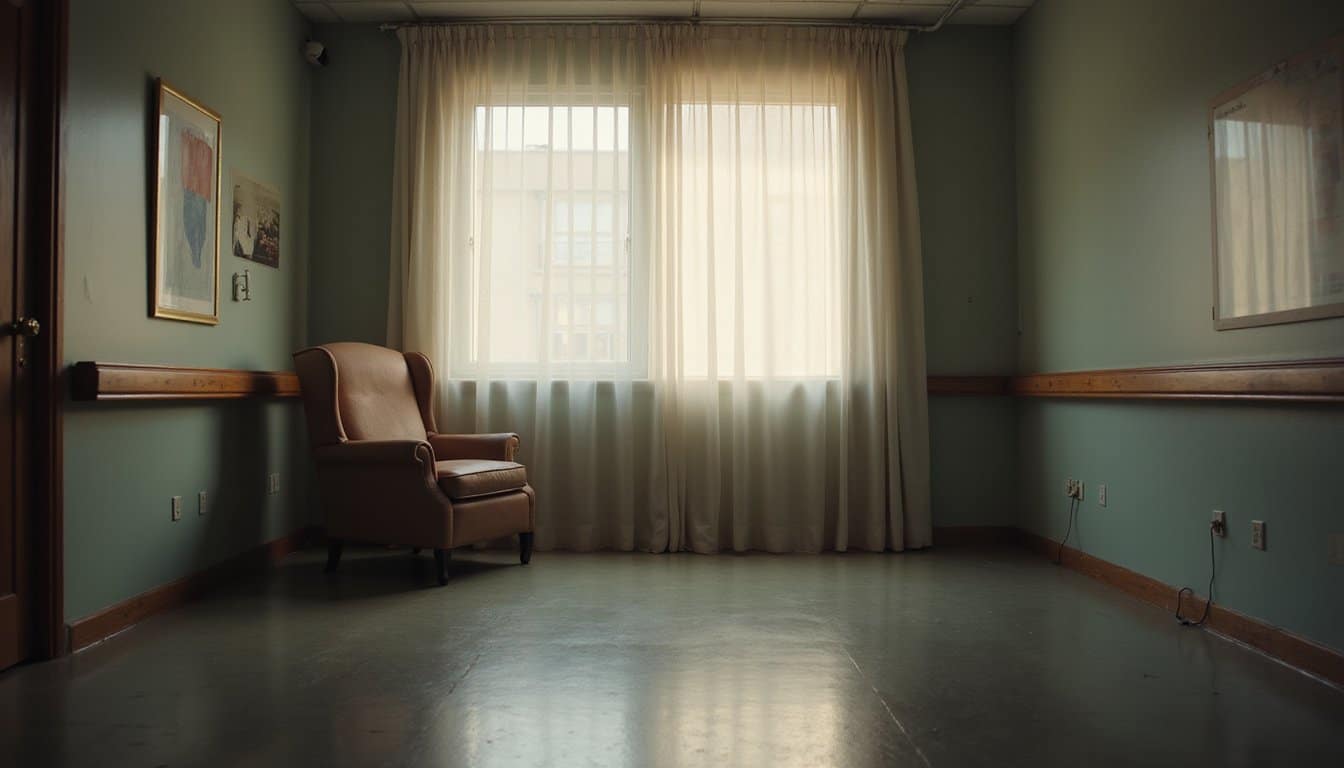 Minimal recovery lounge interior with an armchair by the window