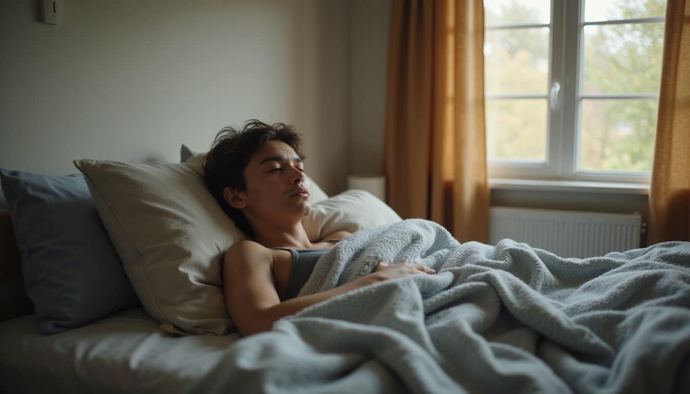 Adult in detox treatment resting comfortably under a soft blanket in warm light