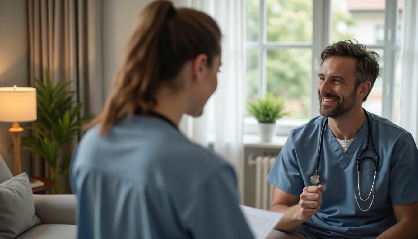A compassionate medical professional casually checking in with an adult patient in a cozy outpatient detox room, home-like environment, soft lighting