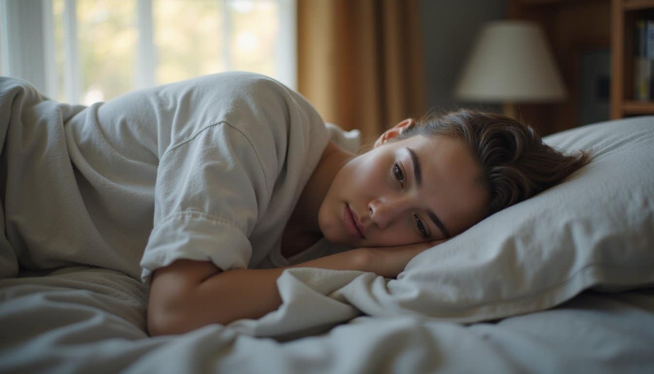 Adult resting peacefully in a residential detox bedroom with soft, neutral lighting