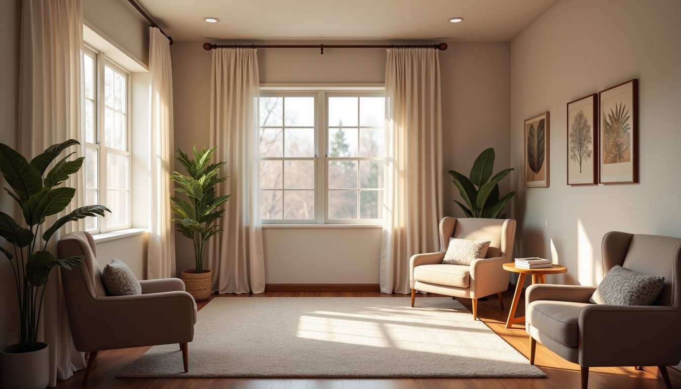 A quiet outpatient detox consultation room with comfortable chairs, warm lighting, soft decor, home-like design, no people, no medical machines, residential treatment feel, realistic and calm