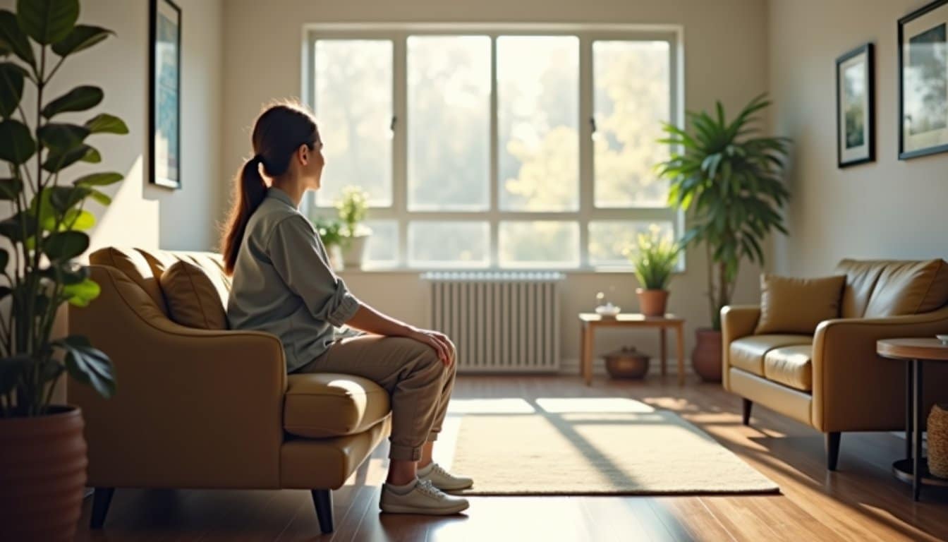 A calm, welcoming outpatient detox center interior with soft natural light, neutral tones, comfortable seating, plants, and a single adult patient sitting quietly in a relaxed posture