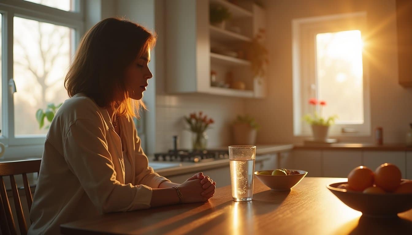 Person sitting at a kitchen table with fresh fruit and water in a quiet recovery moment