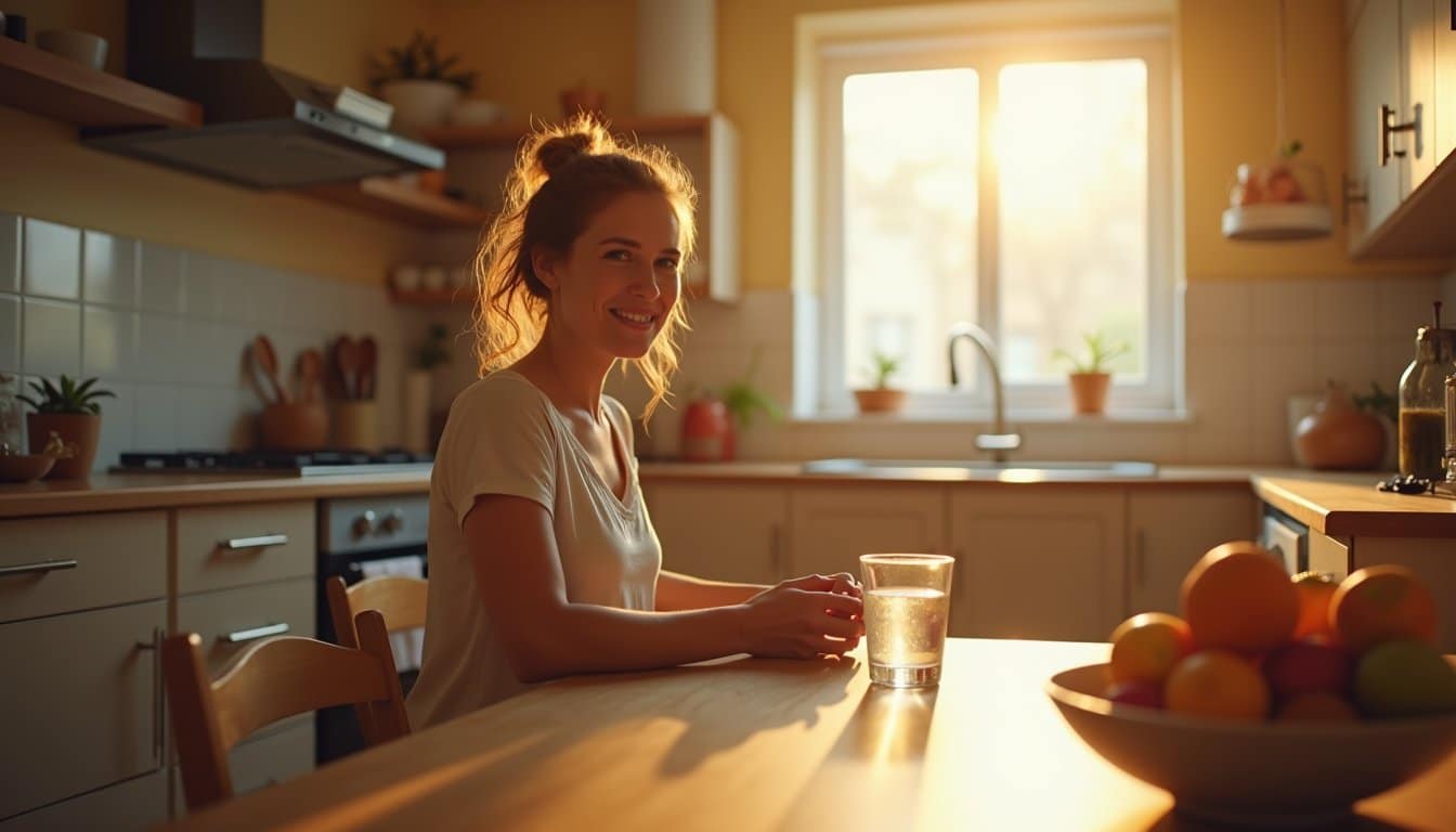 Warm and cozy detox recovery kitchen with a person sitting quietly in natural sunlight